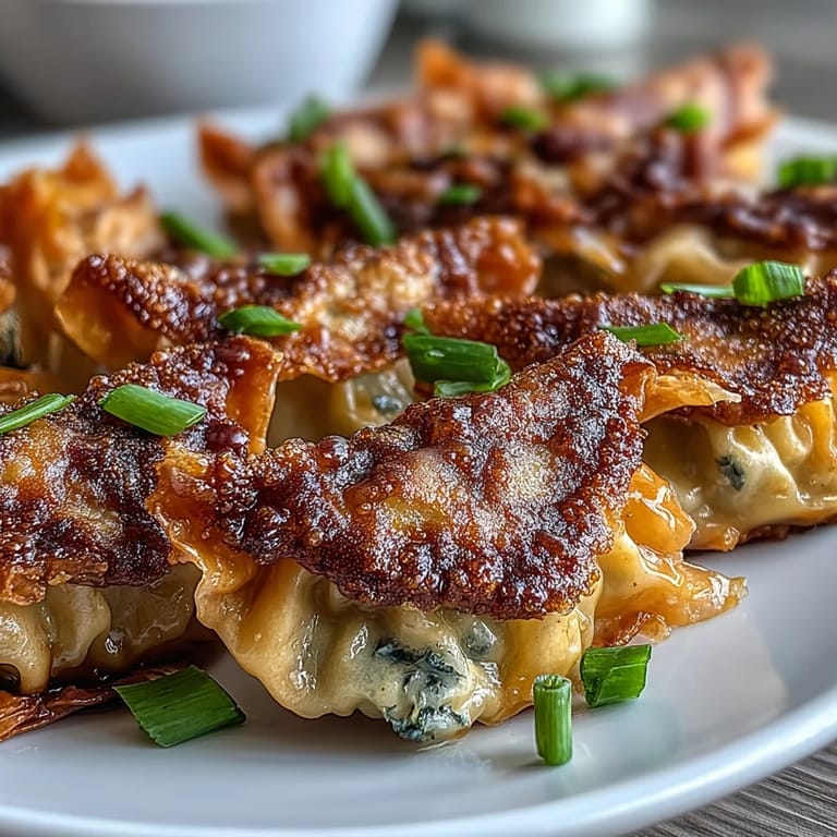 These smashed gyozas feature pan-fried wonton wrappers stuffed with savory pork and cabbage, garnished with green onions for a flavorful appetizer.  