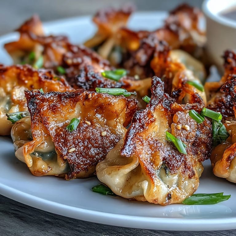 Ready-to-serve smashed gyozas plated on a rustic board alongside a dipping sauce of soy sauce, rice vinegar, and chili oil.