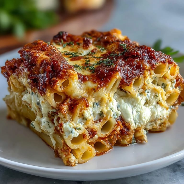 Golden-brown, cheesy baked ziti in a baking dish, with steam rising, ready to be served with a fresh green salad and garlic bread.