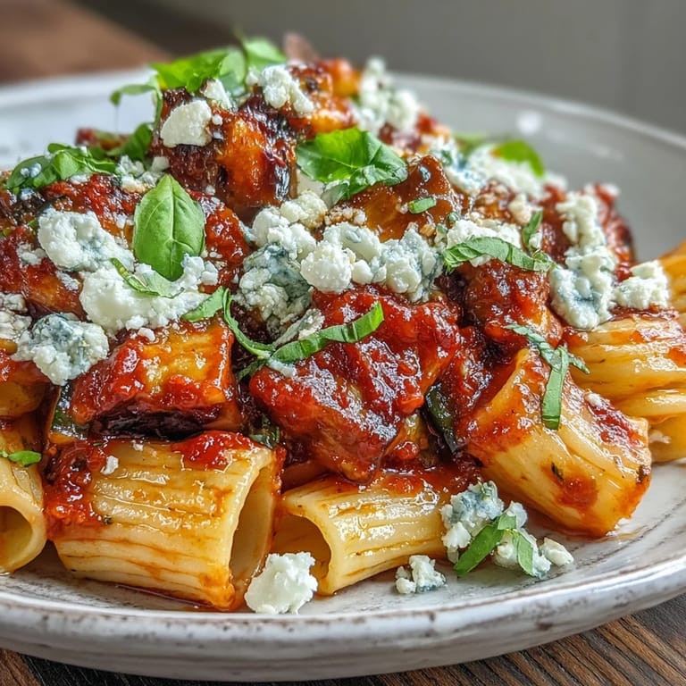 Hearty vegetarian Pasta Alla Norma plated with generous ricotta salata, showcasing the deep red sauce and perfectly al dente pasta.