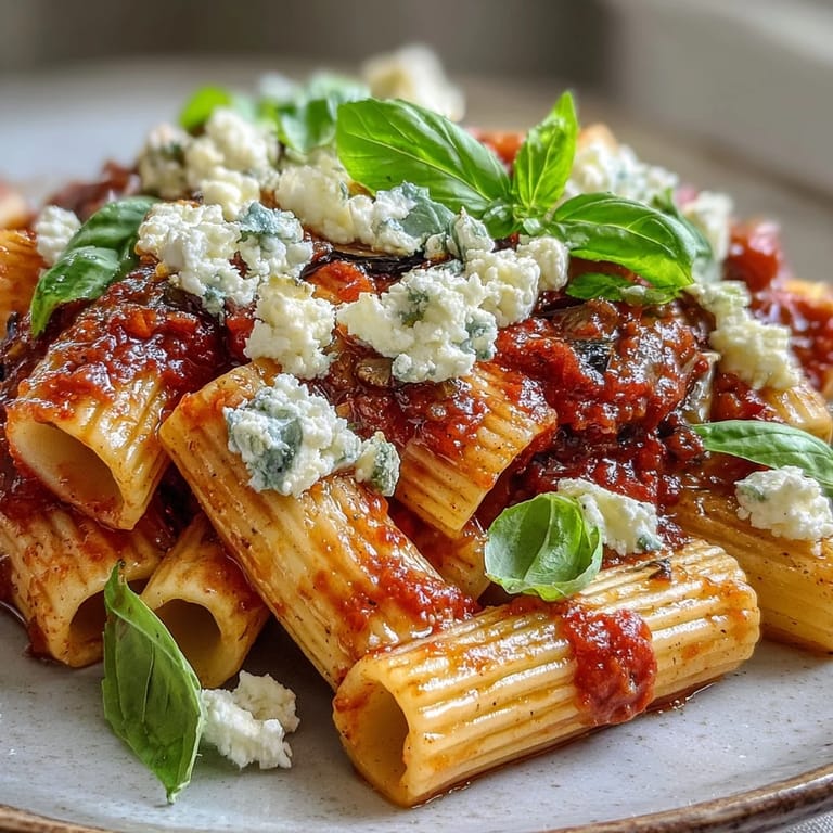 A close-up of Sicilian Pasta Alla Norma, featuring tender eggplant, bright basil leaves, and savory cheese in a vibrant tomato base.