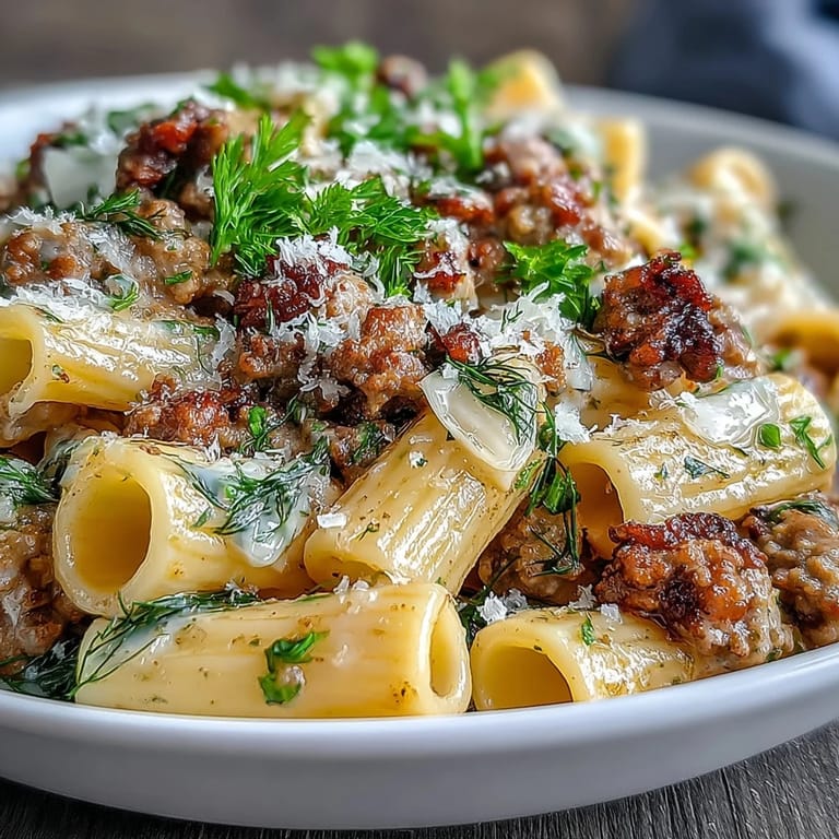 A close-up of Winter Pasta with Sausage and Fennel highlights a light, aromatic sauce clinging to rigatoni, with fresh parsley and Parmesan garnish.