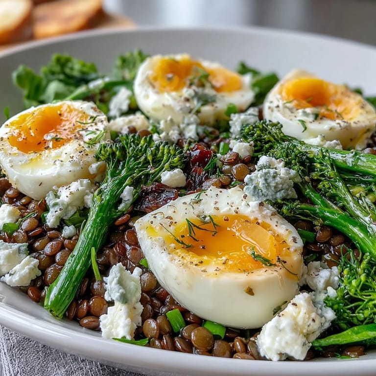A nutrient-rich French Lentil Salad With Broccolini and Soft-Cooked Eggs in a rustic white bowl, finished with crumbled goat cheese.
