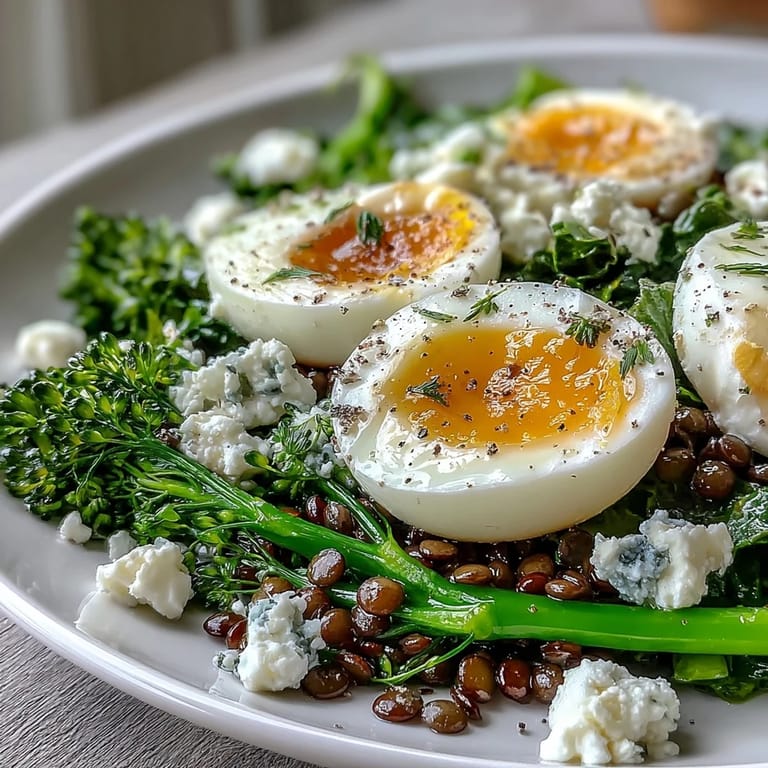 Hearty vegetarian main dish: French Lentil Salad With Broccolini and Soft-Cooked Eggs, served with a crisp green salad and crusty bread.