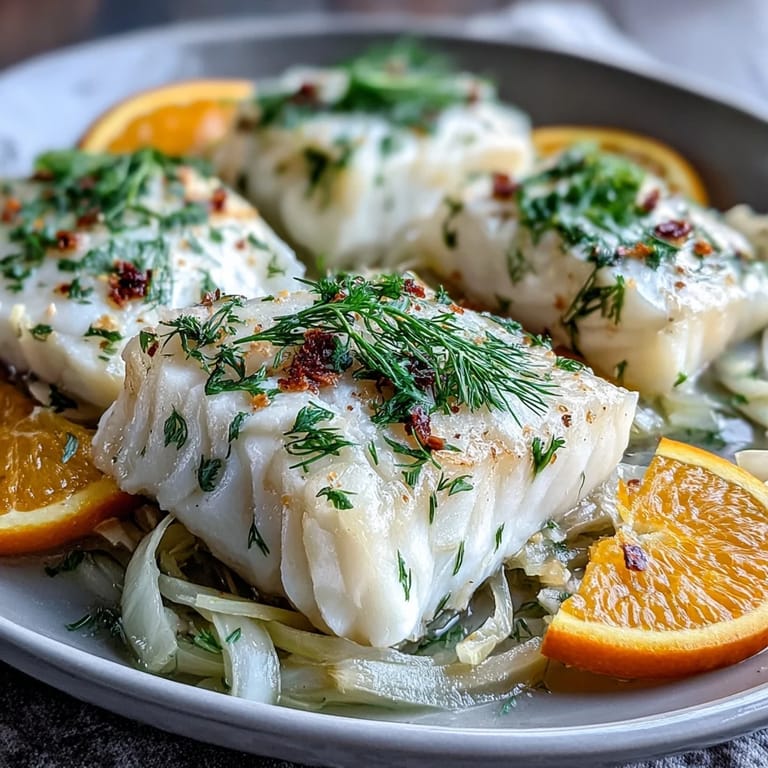 Delicate white fish and aromatic fennel simmer in a light, bright broth, garnished with fresh orange zest and herbs.