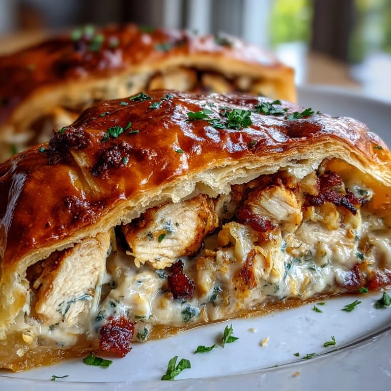 Golden, bubbling Chicken and Leek Pie just out of the oven, featuring a creamy chicken, leek, and bacon filling.