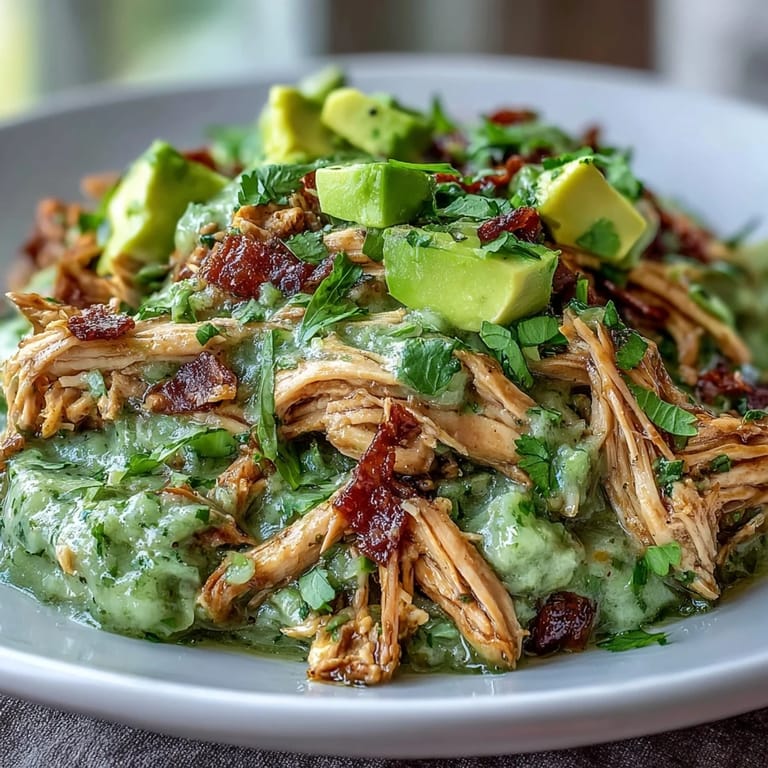 A close-up of Chicken Chili Verde in a rustic bowl, with lime wedges and diced avocado for a fresh finish.