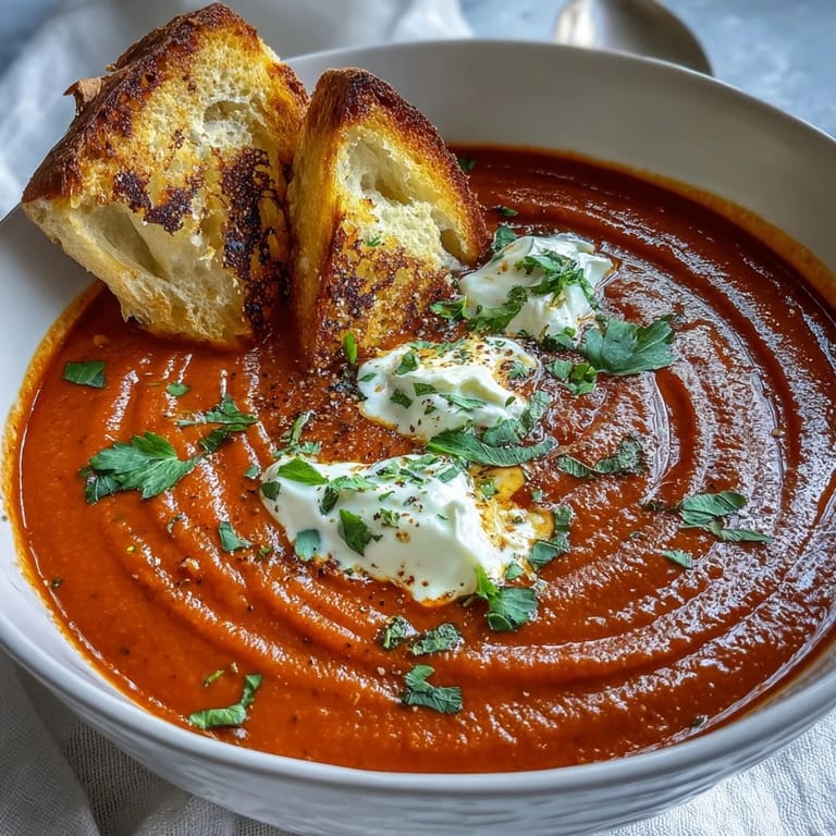 Silky roasted red pepper soup with a dollop of Greek yogurt and fresh herbs on top.