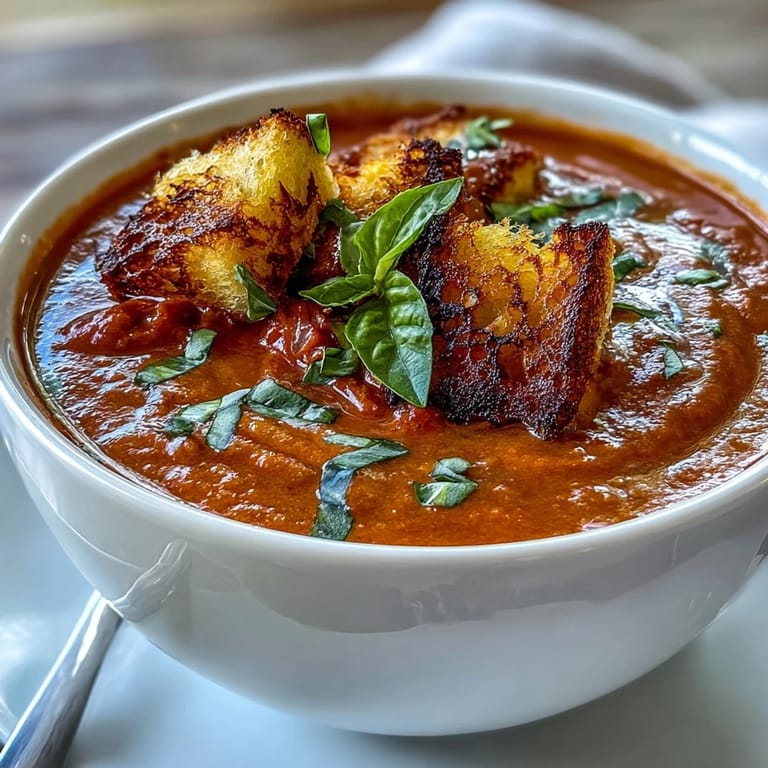 Creamy roasted tomato soup served in a rustic bowl, garnished with fresh basil and golden homemade croutons.