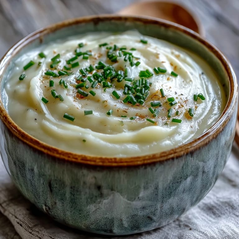 Smooth and velvety Potato Leek Soup garnished with chopped parsley, ready to enjoy as a comforting meal.