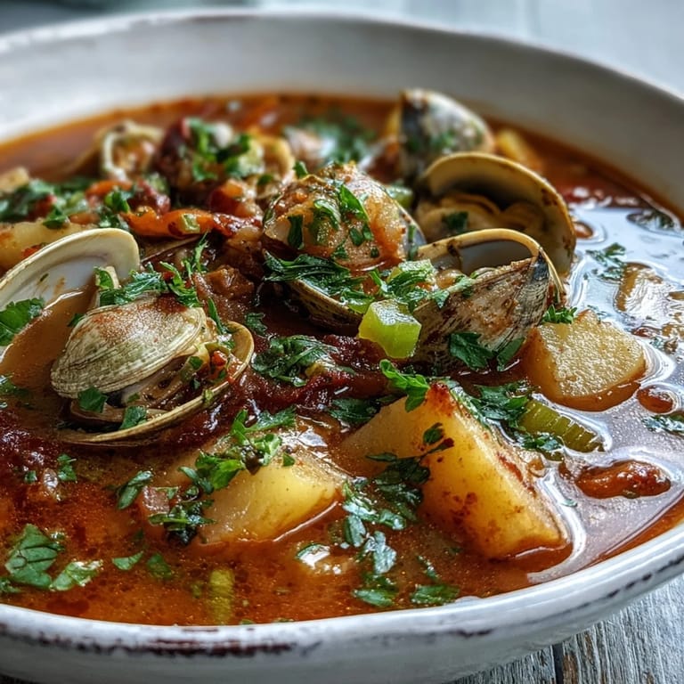 A hearty ladle of tomato-based Manhattan Clam Chowder next to oyster crackers and crusty bread on a cozy table.