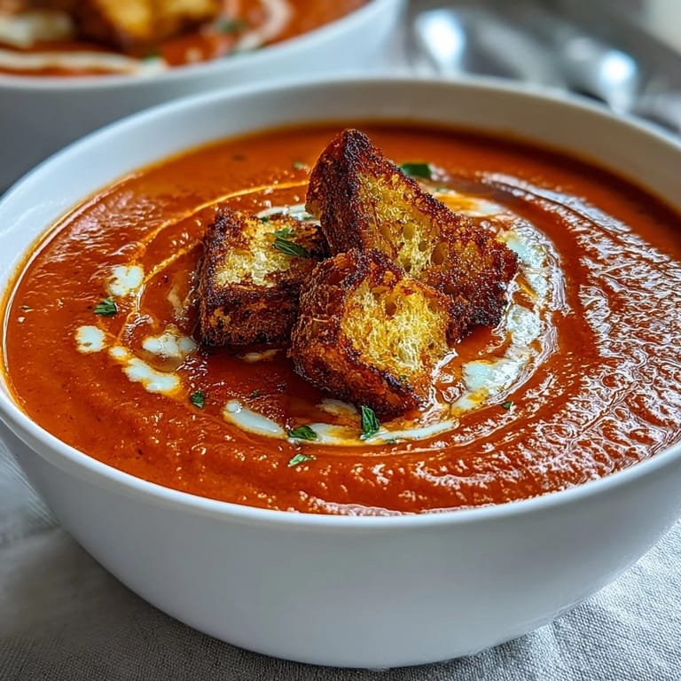 Creamy Roasted Red Pepper Soup With Crispy Croutons served warm beside a glass of white wine.