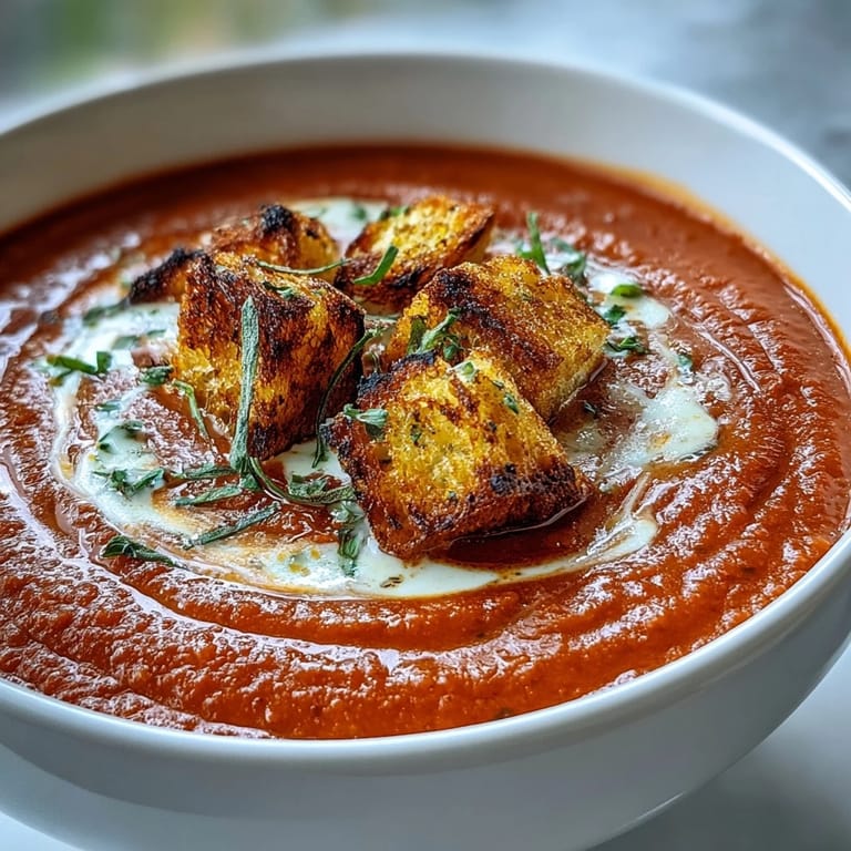 Close-up of Roasted Red Pepper Soup With Crispy Croutons, showing velvety texture and golden, herb-crusted bread cubes.