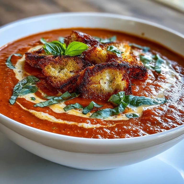 A bowl of creamy roasted tomato soup with a swirl of cream, perfect for a cozy lunch.