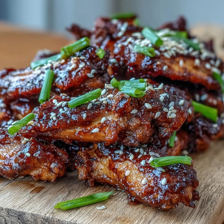 Close-up of tender Coca Cola Chicken Wings coated in a thick savory-sweet sauce, highlighting the glossy texture and fresh garnish.