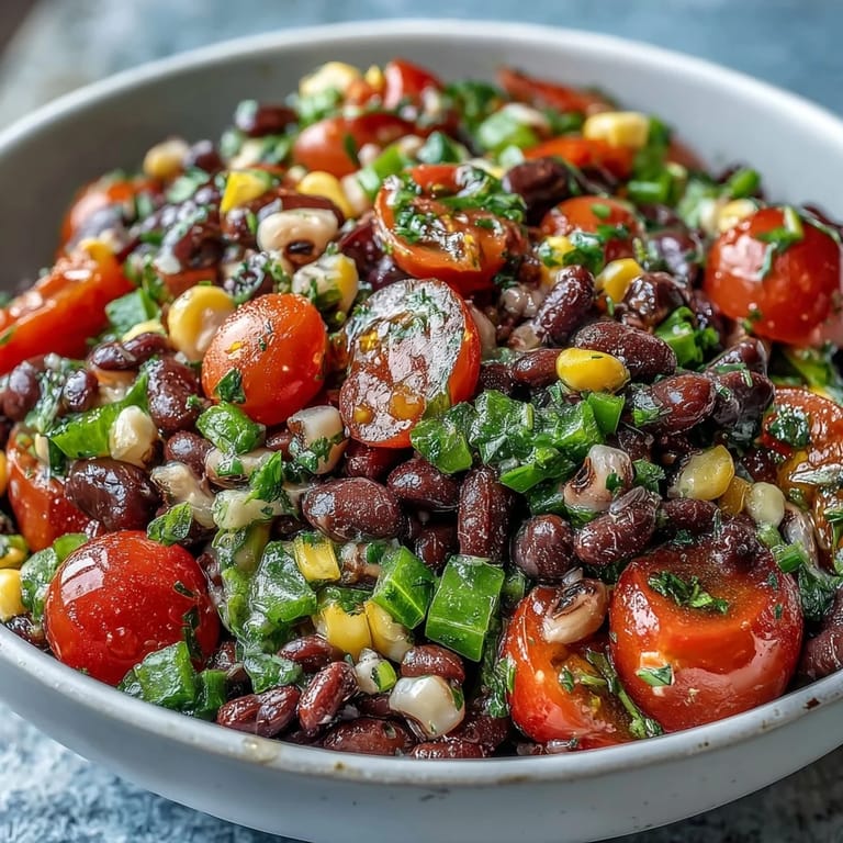 Large bowl of chilled Cowboy Caviar featuring corn and black-eyed peas, garnished with lime wedges for a fresh, tangy finish.