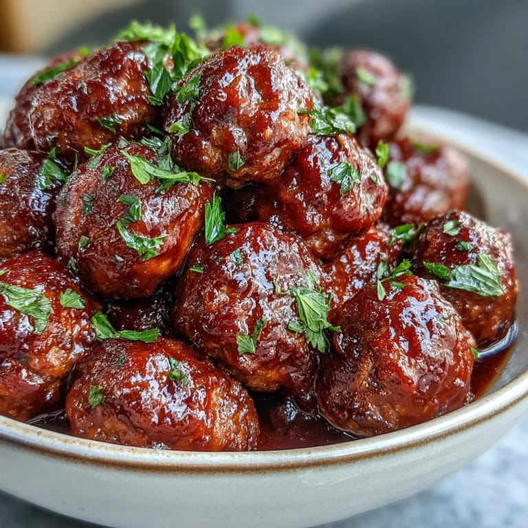 Tender Grape Jelly and Chili Sauce Meatballs simmer in a glossy red sauce, ideal over rice for dinner.
