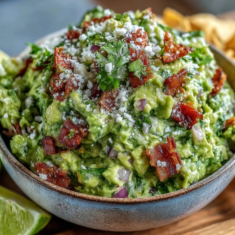 Bacon Guacamole With Cotija Cheese served in a rustic bowl with sturdy tortilla chips for dipping and lime wedges for an extra zesty kick.