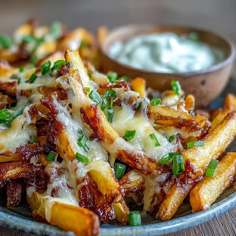 Freshly baked Cheesy BBQ Fries with Ranch Dip topped with herbs and spring onions, ready to devour.