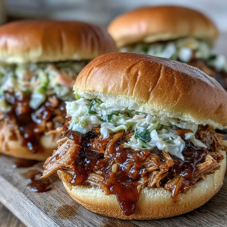 Tender, sweet and savory Applesauce Pulled Pork Sandwiches garnished with fresh parsley on a rustic plate.