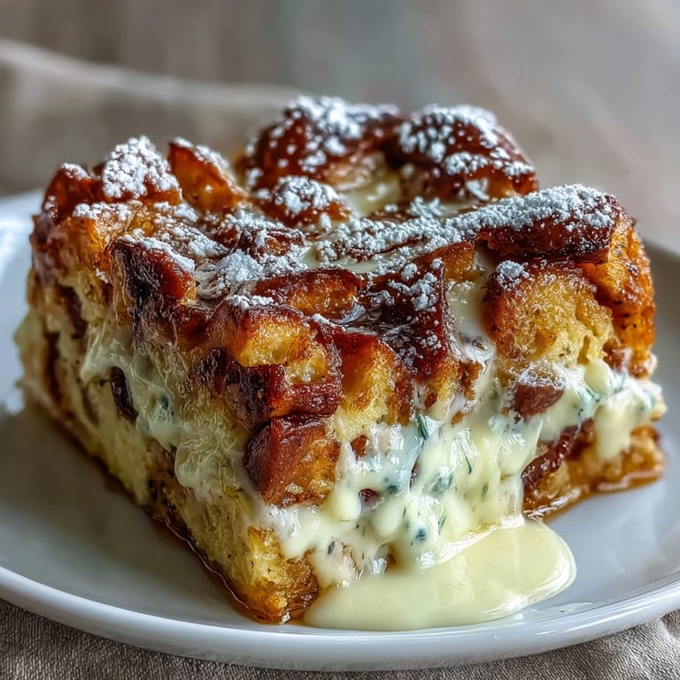 Slices of Monte Cristo Breakfast Casserole reveal layers of ham, turkey, and melty Swiss cheese.