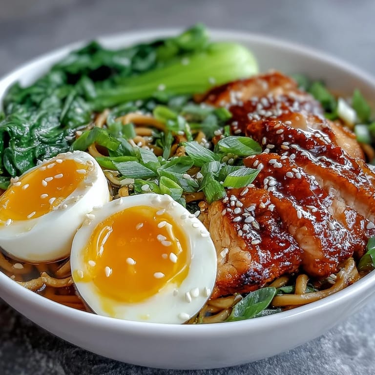 Close-up on Healthy Miso Chicken Noodle Bowls, revealing savory broth, tender chicken, colorful snow peas, carrots, and fresh scallions.