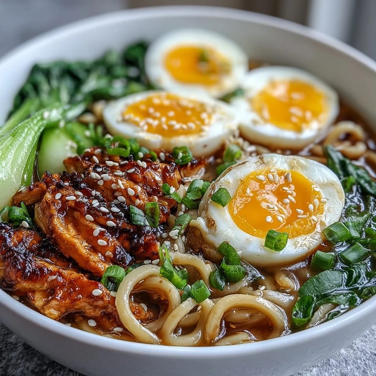 Overhead view of Healthy Miso Chicken Noodle Bowls, topped with sliced chicken, jammy soft-boiled egg halves, and toasted sesame seeds.