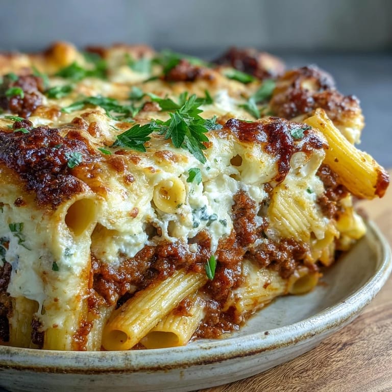 Up close on a plate, Cottage Cheese Protein Pasta Bake with Ground Beef shows al dente penne, savory beef, and melty cheese.