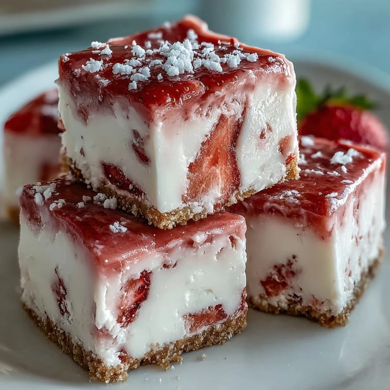 Stacked No-Bake Strawberry Fudge Squares with freeze-dried strawberry topping, perfect for serving at a party or potluck.
