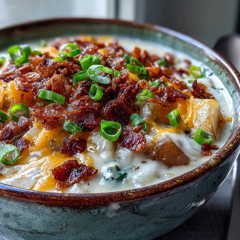 Hearty Loaded Potato Soup bubbling in a pot with potatoes and onions, featuring melted cheddar and green onion garnish.
