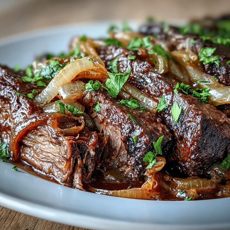 Sliced Savory Crock Pot French Onion Pot Roast served over mashed potatoes with melted cheese and savory red wine jus.