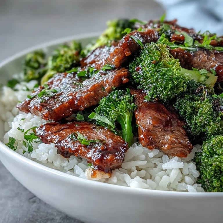 A sizzling skillet of Beef and Broccoli Bowl tossed in glossy soy-ginger sauce, served beside a mound of jasmine rice.
