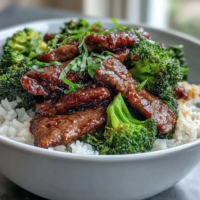Savory Beef and Broccoli Bowl plated with fluffy rice, crisp broccoli florets, and a drizzle of rich sauce, garnished with green onions.