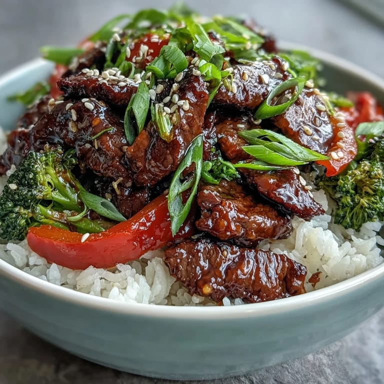 Tender beef slices coated in rich Teriyaki Beef Bowl sauce, topped with sesame seeds and green onions.