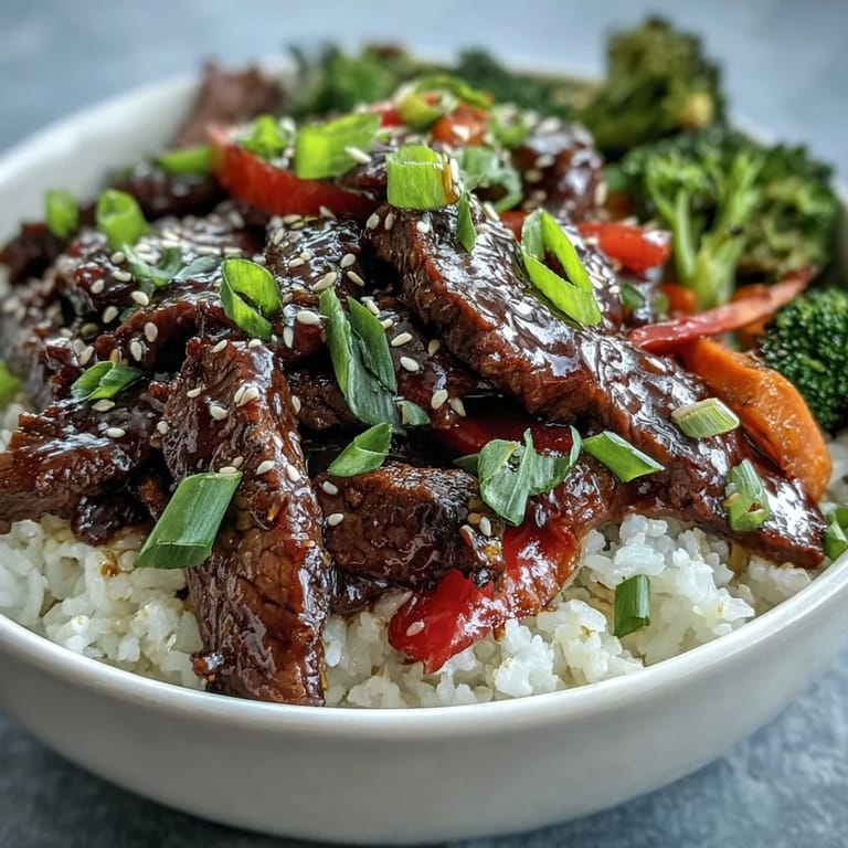A close-up of savory Teriyaki Beef Bowl served over rice with sautéed vegetables, ready to enjoy.