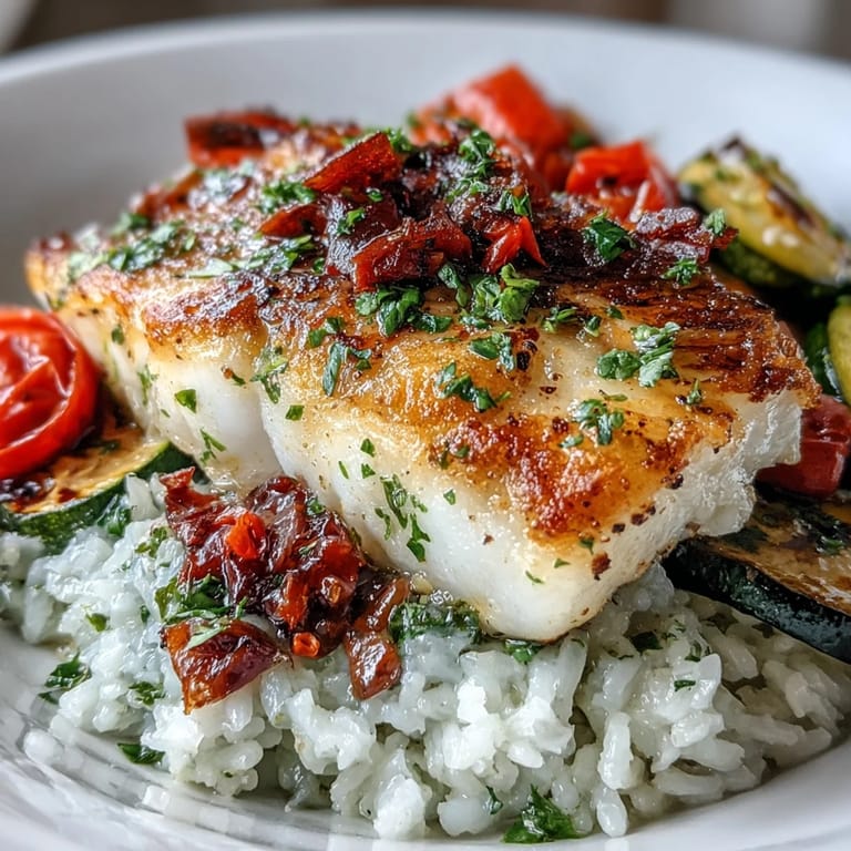 Serving suggestion for a pan-seared fish bowl with lemon sauce, fresh herbs, and vibrant roasted zucchini and peppers.