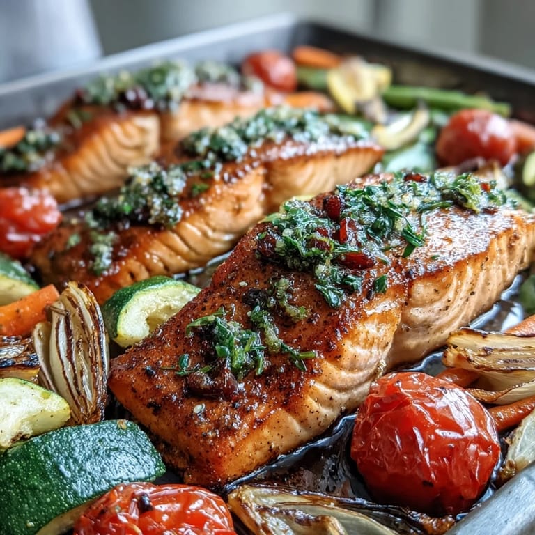 Healthy Sheet Pan Salmon and Veggies Bowl served hot from the oven, showcasing vibrant cherry tomatoes and tender salmon on a dark sheet pan.