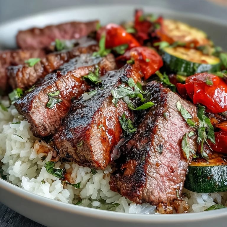 Sizzling steak slices, colorful roasted veggies, and lemon wedges garnish a wholesome Sheet Pan Steak and Veggie Bowl.