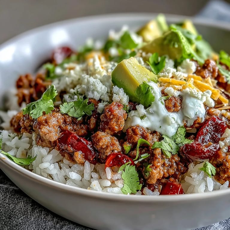 A vibrant Turkey Taco Bowl filled with spiced turkey, juicy tomatoes, and creamy sour cream, ready to serve with lime.