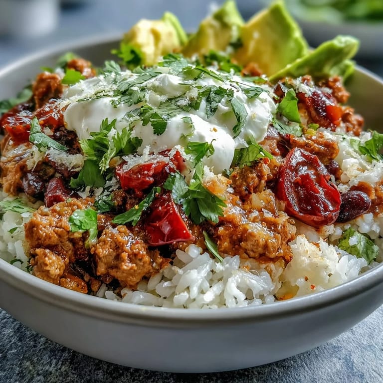 Close-up of a delicious Turkey Taco Bowl with brown rice, black beans, and colorful taco fixings for a quick dinner.