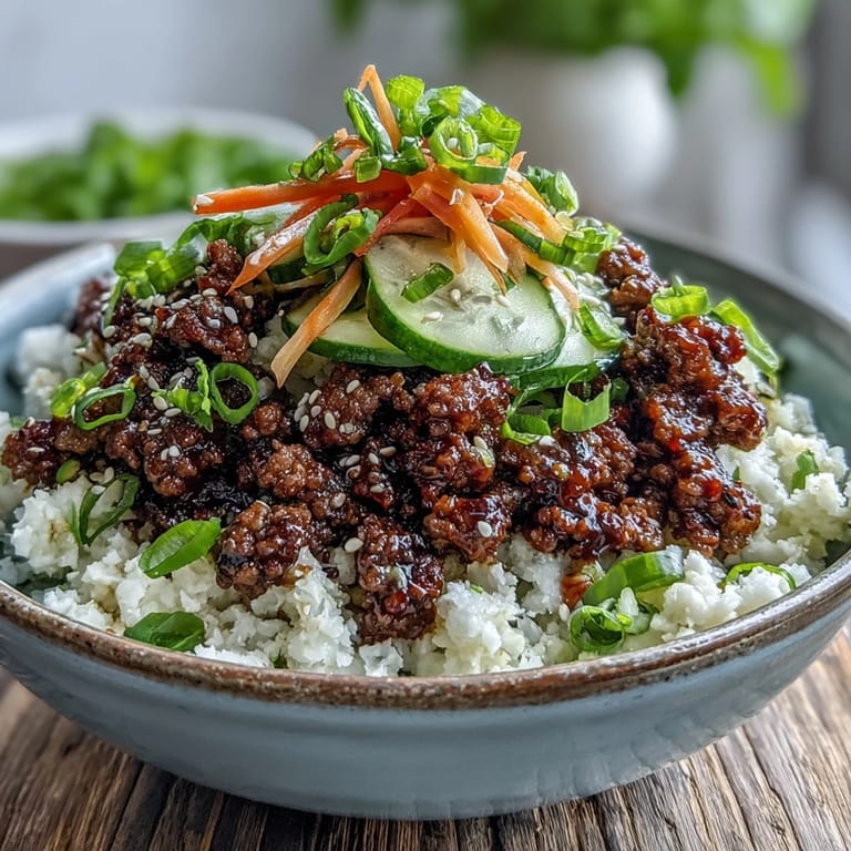 A low-carb Korean Ground Beef Bowl featuring seasoned beef over cauliflower rice, garnished with fresh green onions and toasted sesame seeds.