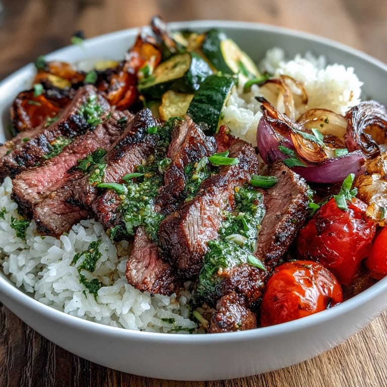 Served Grilled Steak Bowl with vibrant chimichurri drizzle, juicy steak, roasted cherry tomatoes, and caramelized onions on a bed of rice.