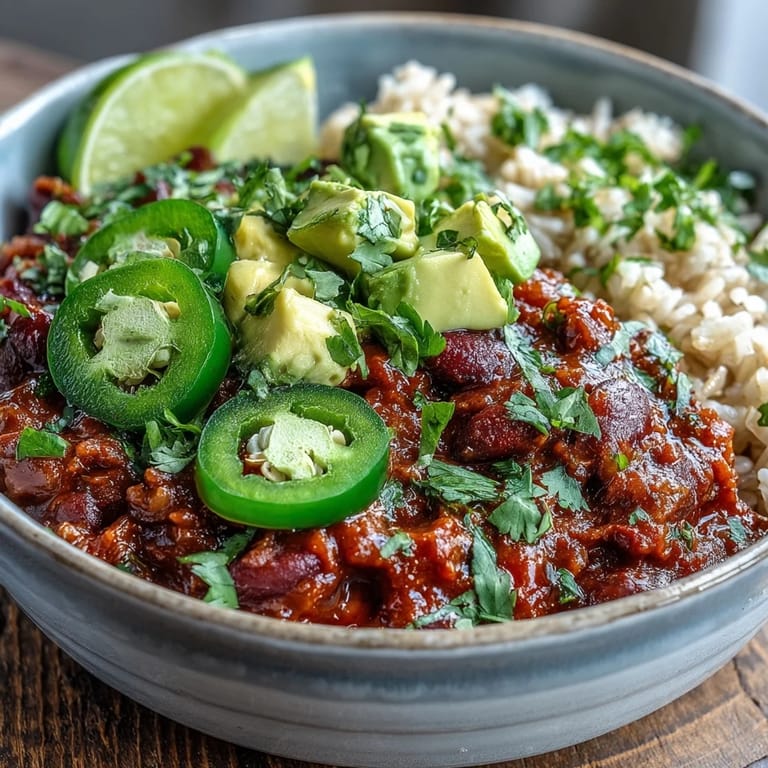 Steaming chili bowl base piled high on brown rice, featuring ground beef, beans, corn, and a dollop of sour cream.