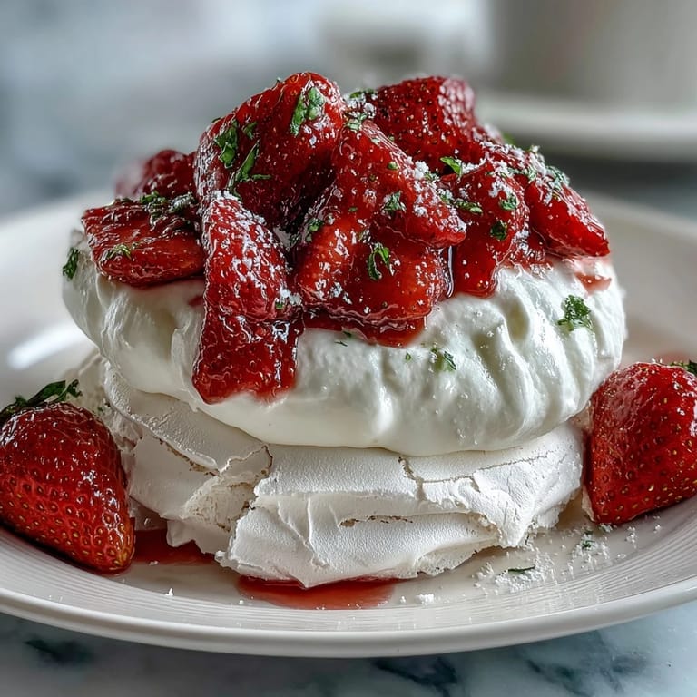 Elegant mini pavlovas with strawberries and cream: golden-brown meringues crowned with soft whipped cream and vibrant red berries.