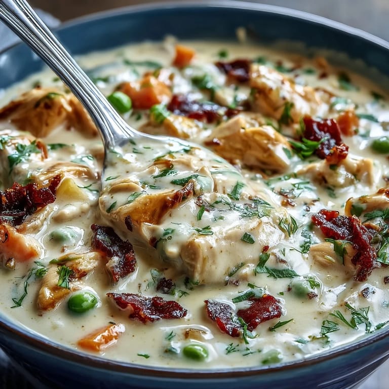Hearty slow cooker chicken pot pie soup, loaded with potatoes, carrots, and peas in a rich, velvety base.