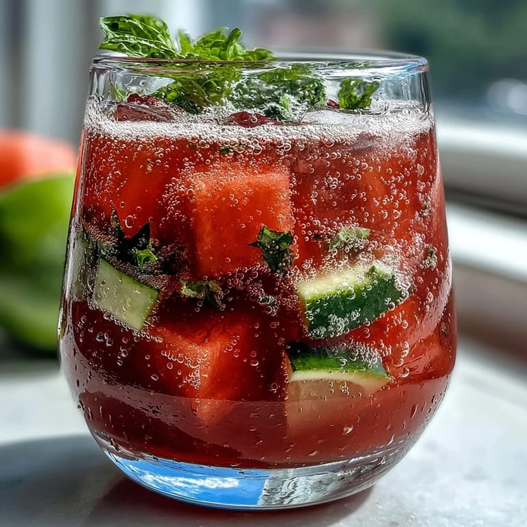 Refreshing watermelon lime sparkling punch with ice cubes, mint leaves, and citrus slices served in chilled glasses for a festive summer drink.  