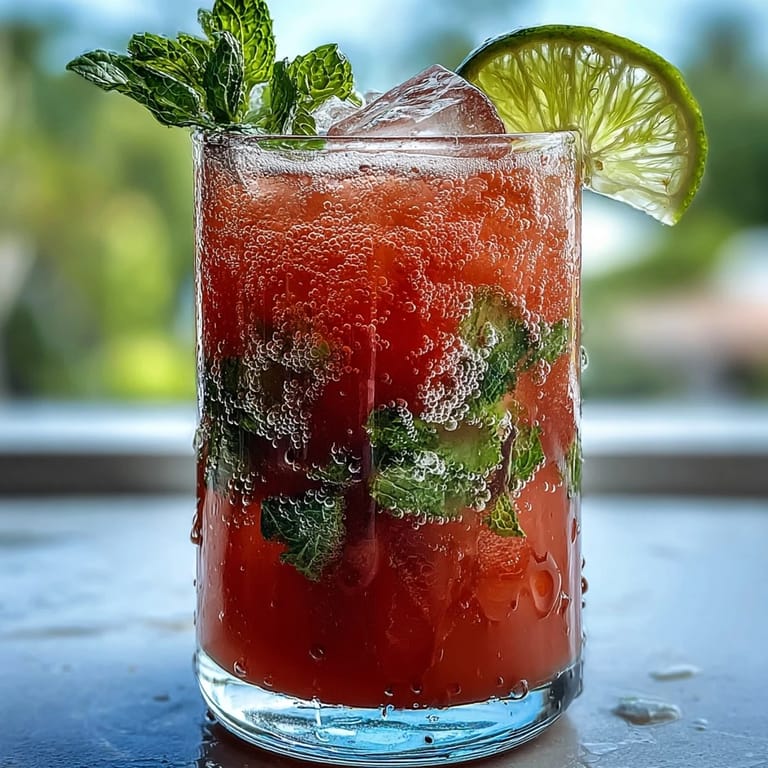 Bright watermelon lime sparkling punch, blending juicy watermelon and zesty lime, served over ice with mint garnish for a cool, bubbly beverage.