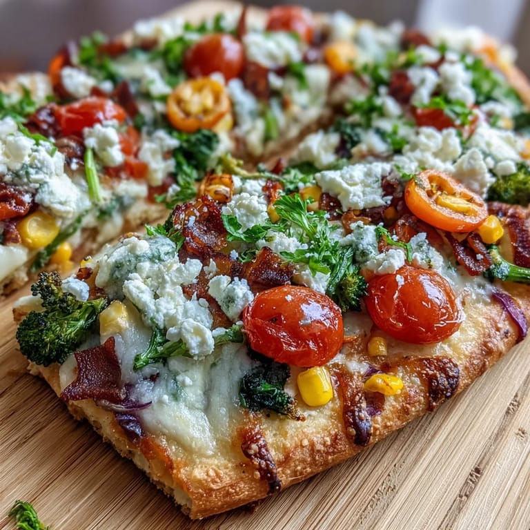 Festive St. Patrick's Day flatbread pizza topped with a rainbow of fresh vegetables, mozzarella, and feta cheese.