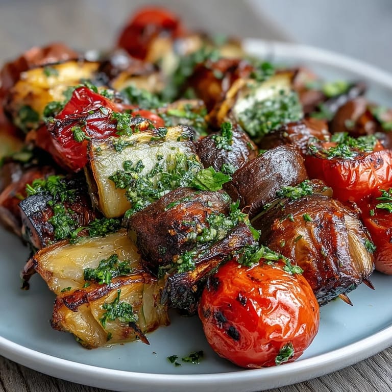 Vibrant vegetable kabobs fresh off the grill, paired with aromatic chimichurri sauce for a delicious summer side or main dish.
