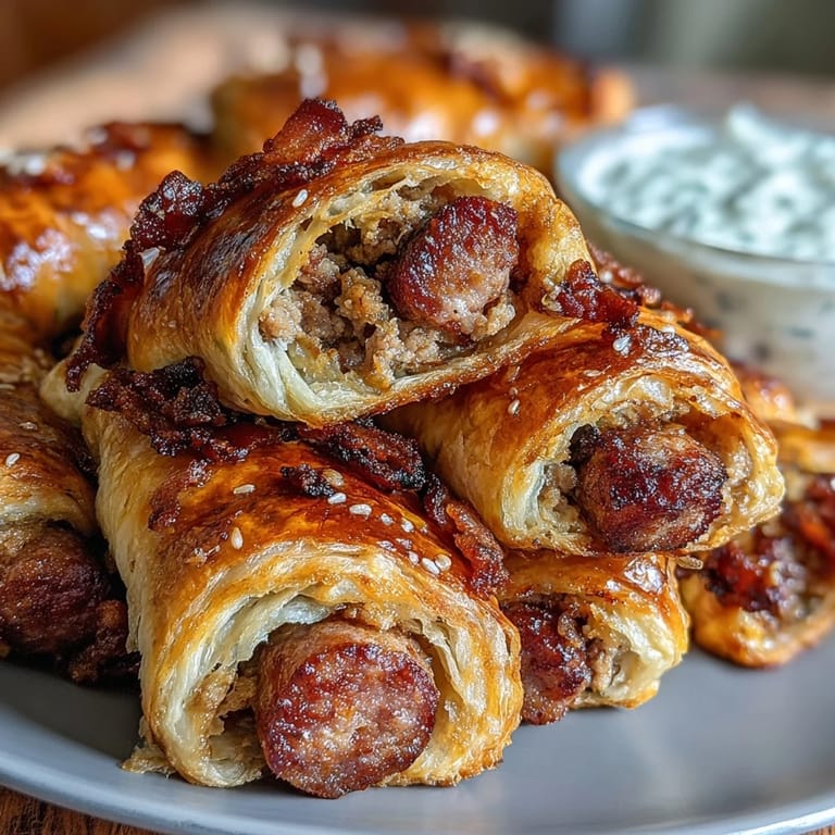 Bite-sized cocktail sausages wrapped in buttery pastry, baked to golden perfection and paired with a creamy Dijon honey dipping sauce.  